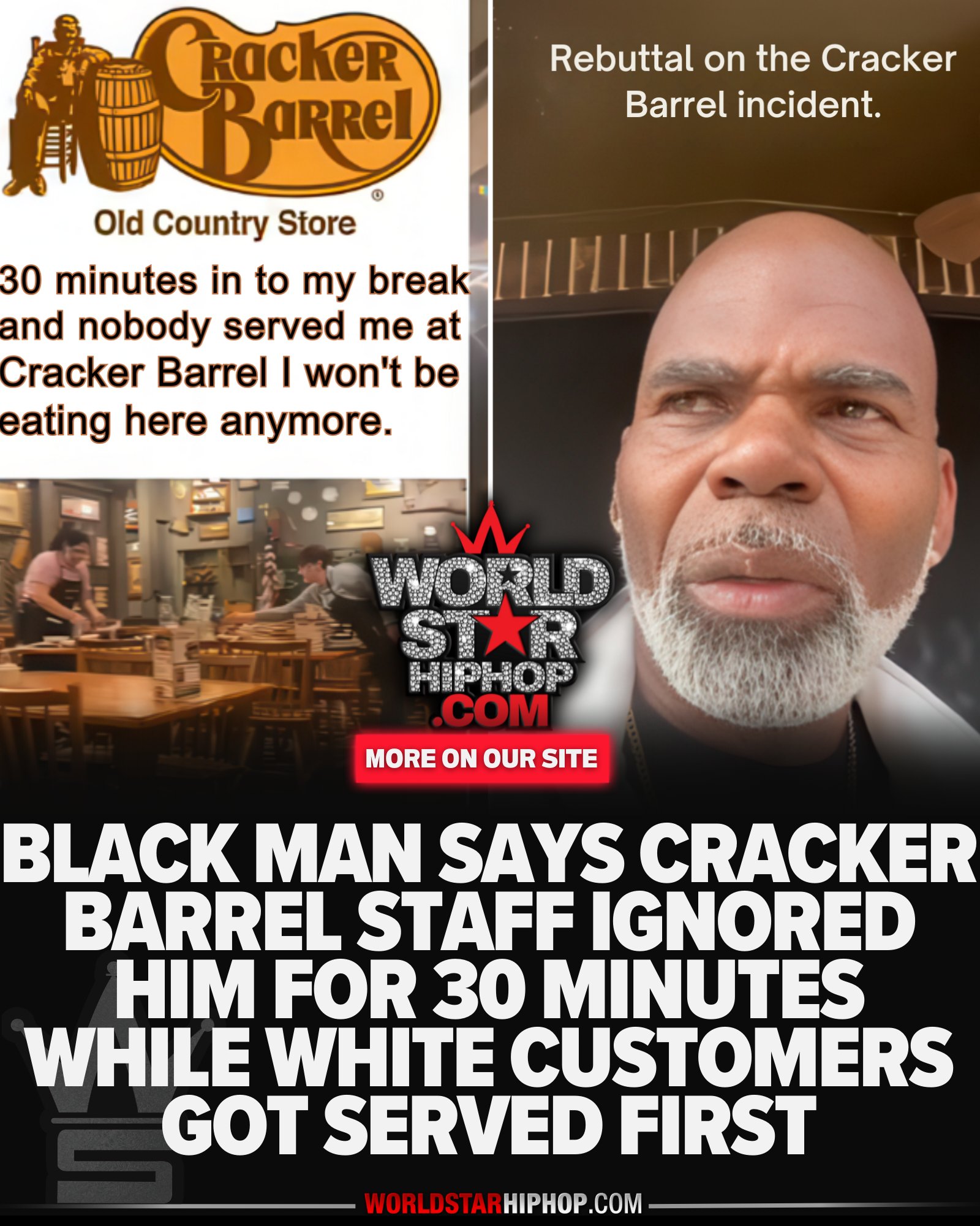 A Black man is calling out Cracker Barrel in Rosenberg, Texas, after claiming he was seated but ignored for 30 minutes during his break. He says multiple white customers were seated after him and immediately served, while waitstaff kept walking past his table. He recorded his experience and later followed up with a full video saying it wasn’t a stunt. “I was treated like I wasn’t even there,” he said. Cracker Barrel has not responded. 👀
